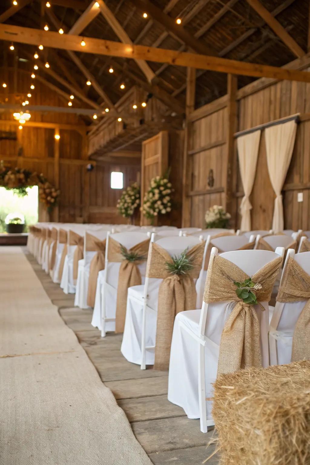 Hessian linings impart a countryside charm to agricultural weddings.