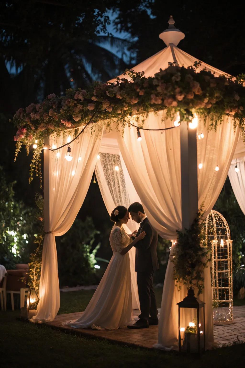 Design an intimate ceremony space with a romantic drapery shelter.