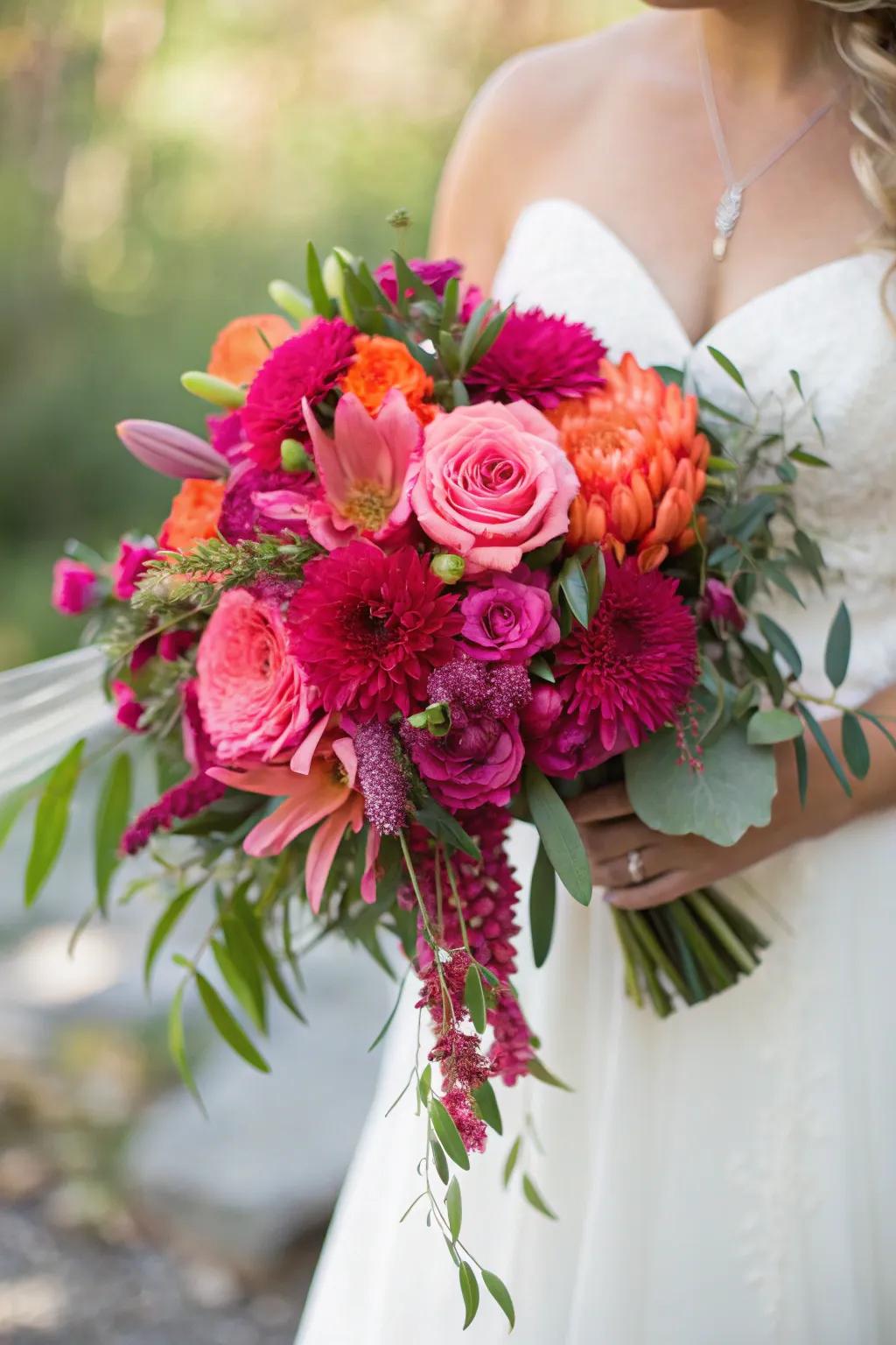 A vibrant bouquet featuring audacious fuchsia and coral hues