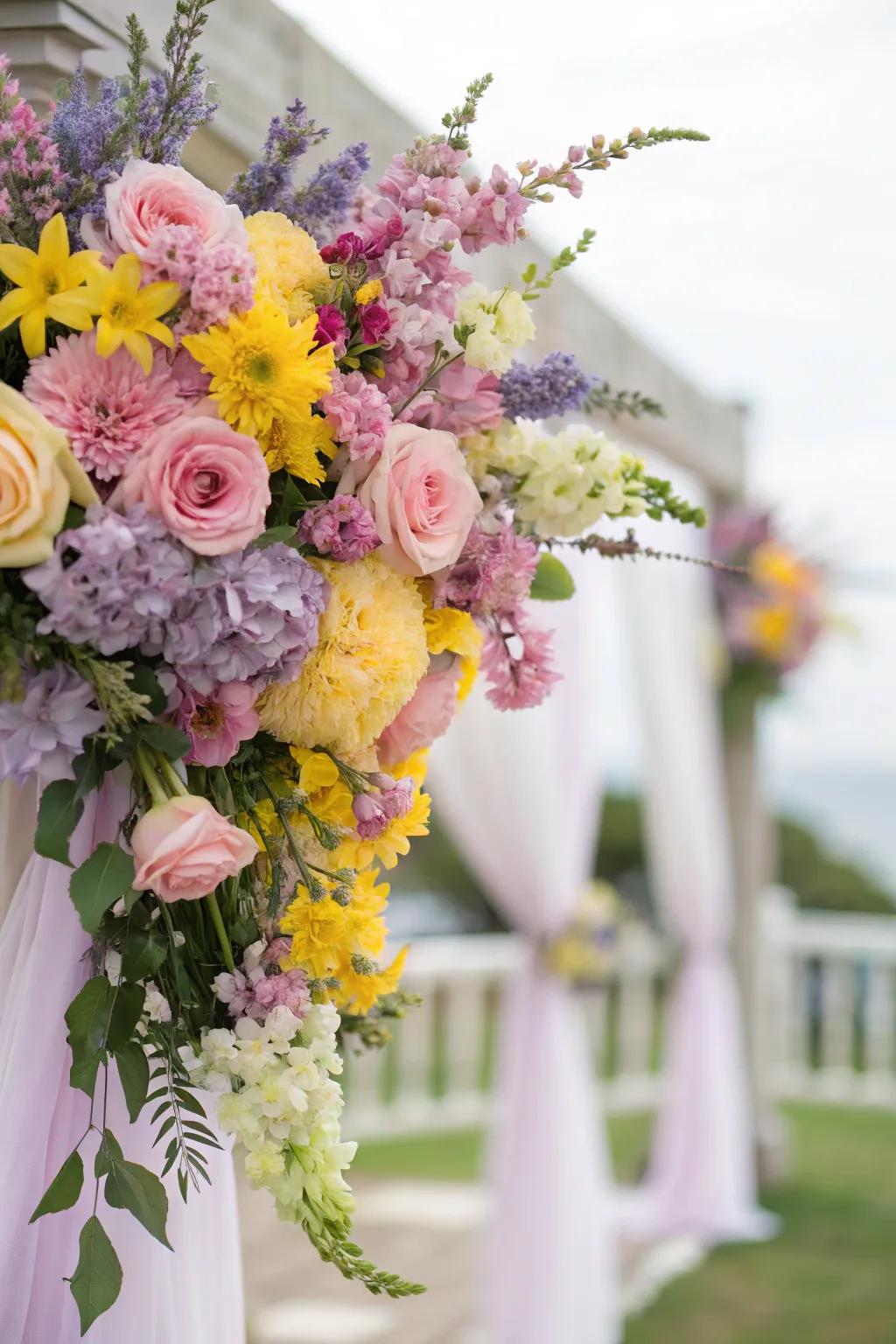 A spirited blend of vibrant and soft-hued flowers, composing an awe-inspiring arrangement through varied color harmonies.