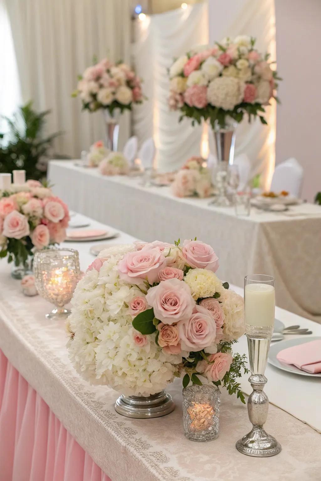 Pale floral compositions establishing a whimsical wedding head table.