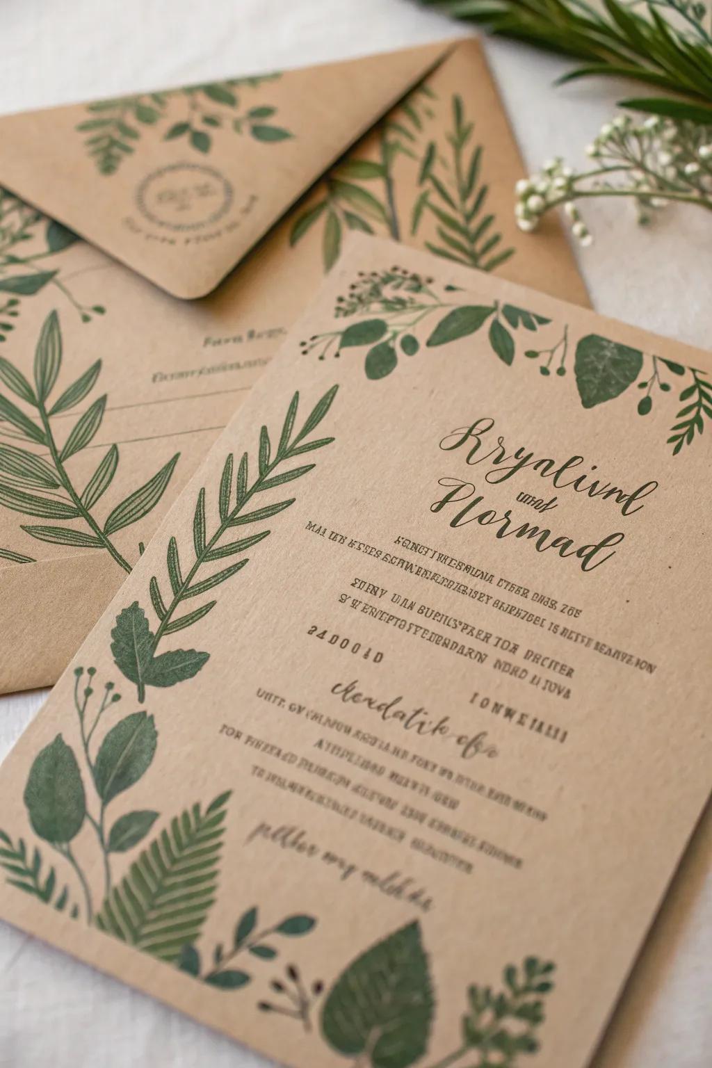 An invitation featuring verdant botanical delineations upon kraft paper.