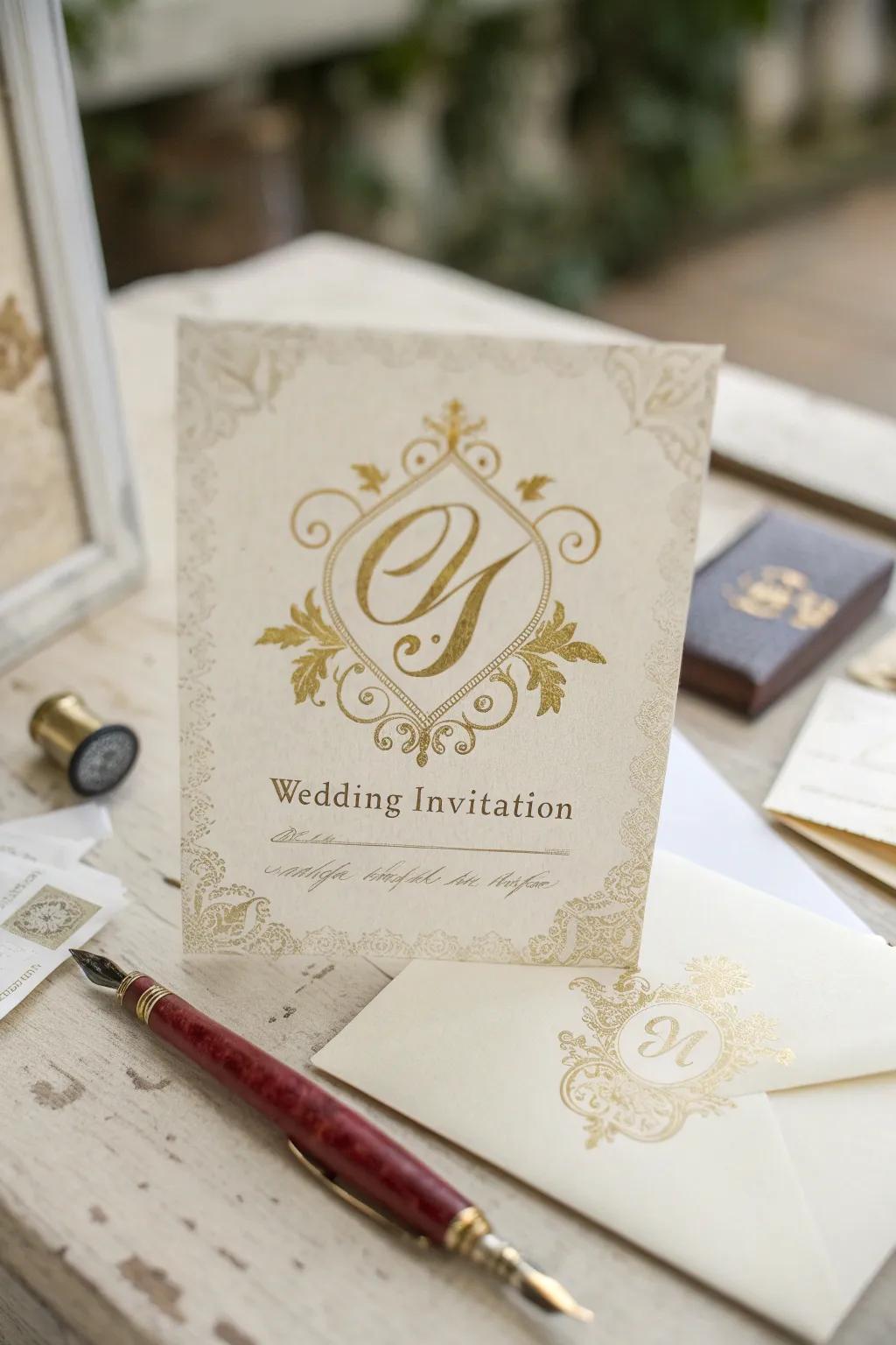 Wedding announcement featuring a personalized insignia, introducing a distinctive touch.