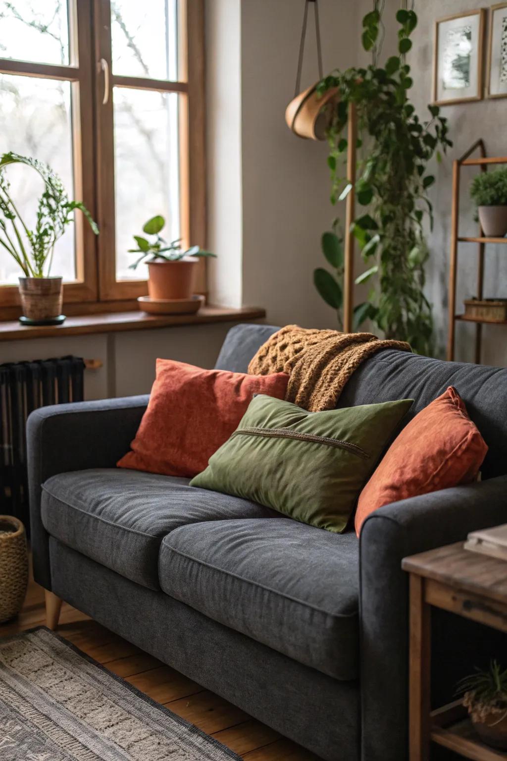 Earth-toned cushions add warmth and coziness to a dark grey sofa.