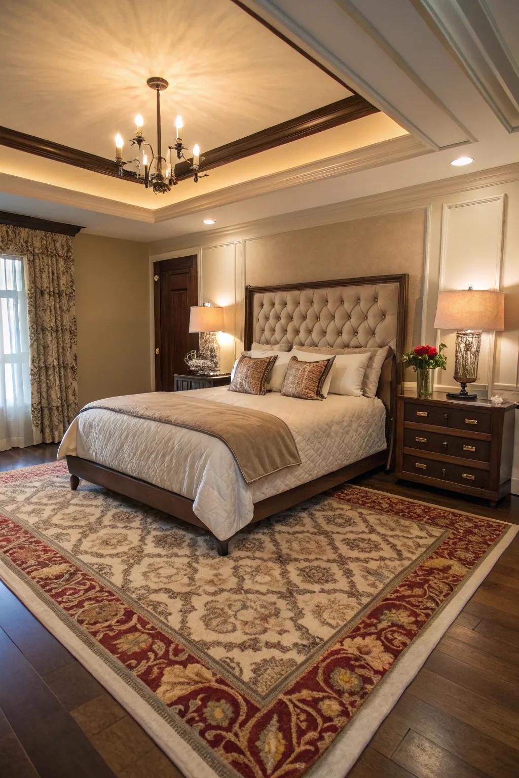 A 6x9 floor covering appends dimension and a trace of grandeur to a spacious sleeping chamber arrangement.