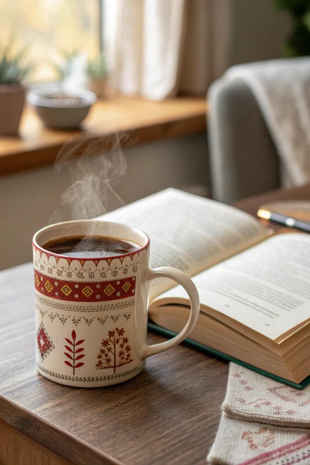 A bespoke mug contributes a warm, personal element.