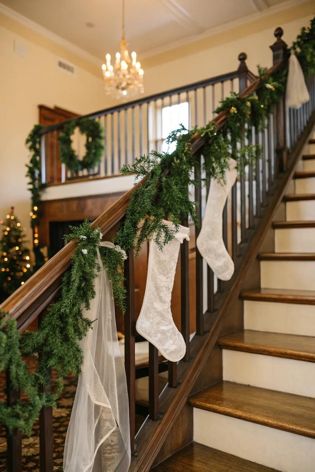 Stair railings offer a majestic way to present stockings.