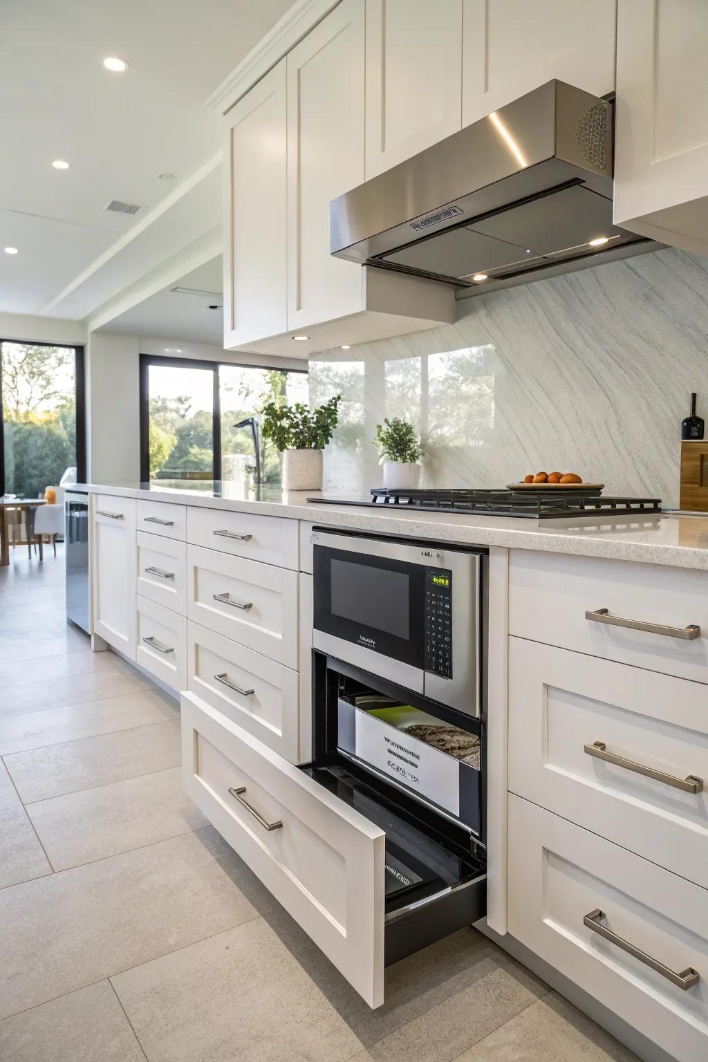 A microwave drawer incorporated into lower cabinetry for a uniform appearance.