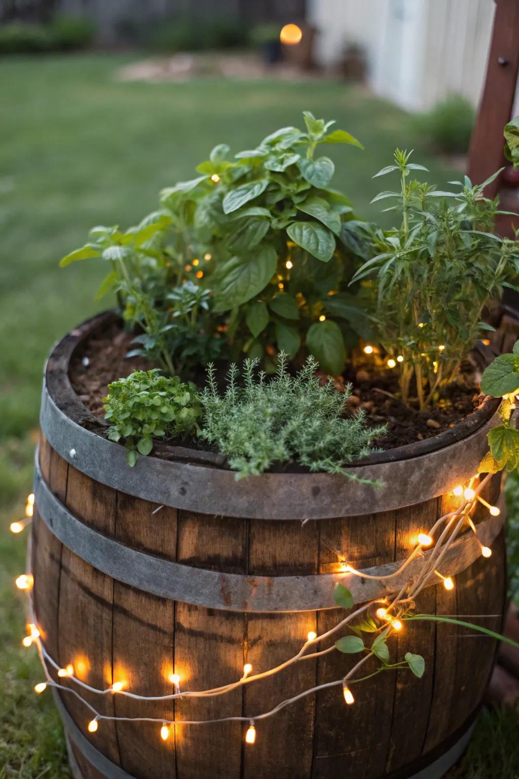 An appealing flavoring herb cultivation illuminated with bead lights for nocturnal atmosphere.