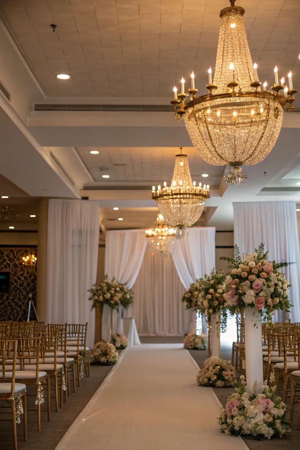 Spectacular lighting achieved with gilded chandeliers.