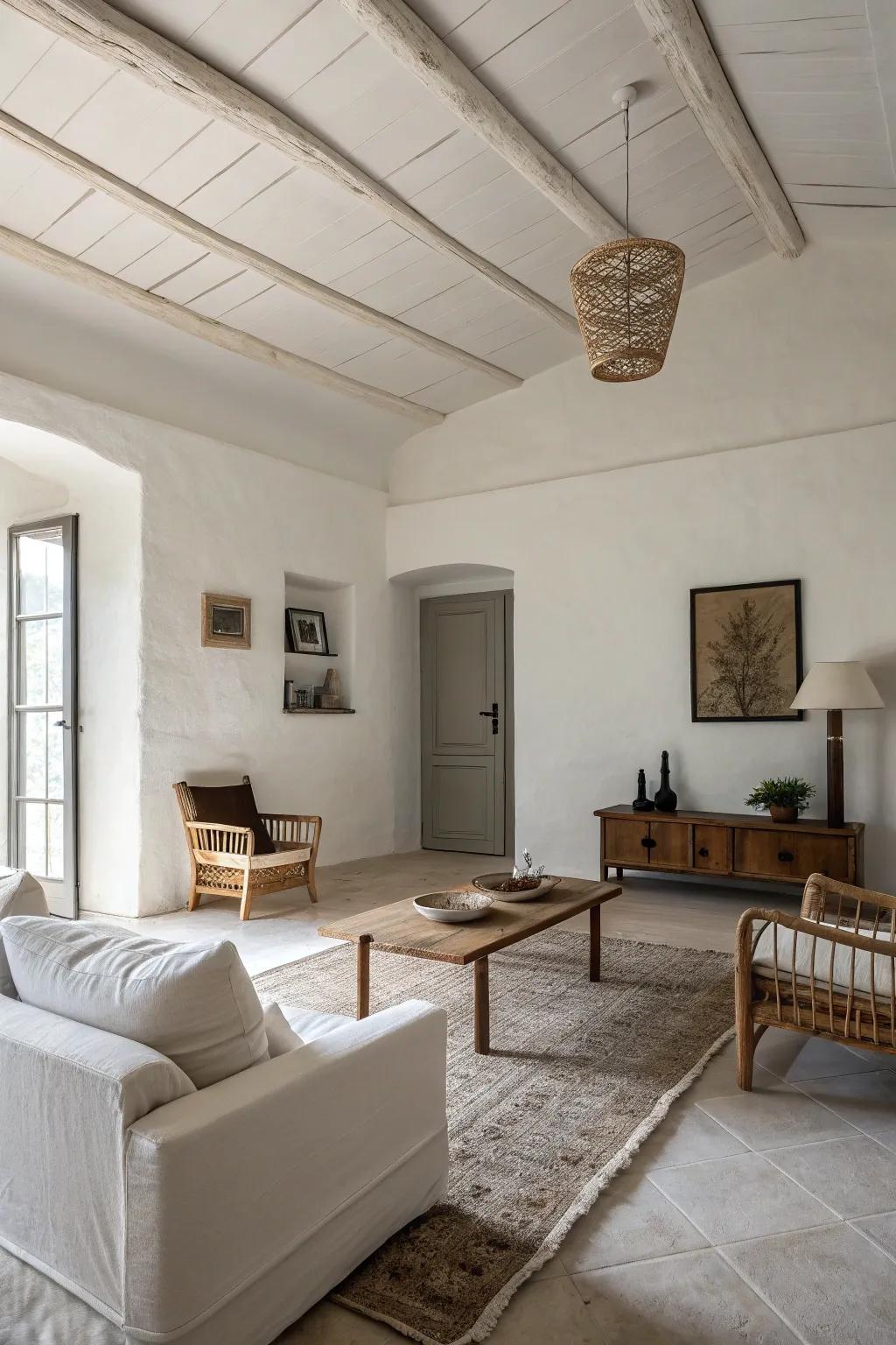 A minimalist living room with a white ceiling, giving a feeling of calm and simplicity.