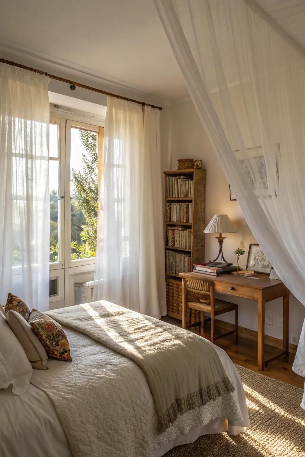 Translucent ivory coverings amplify natural illumination, enriching the room's warmth.