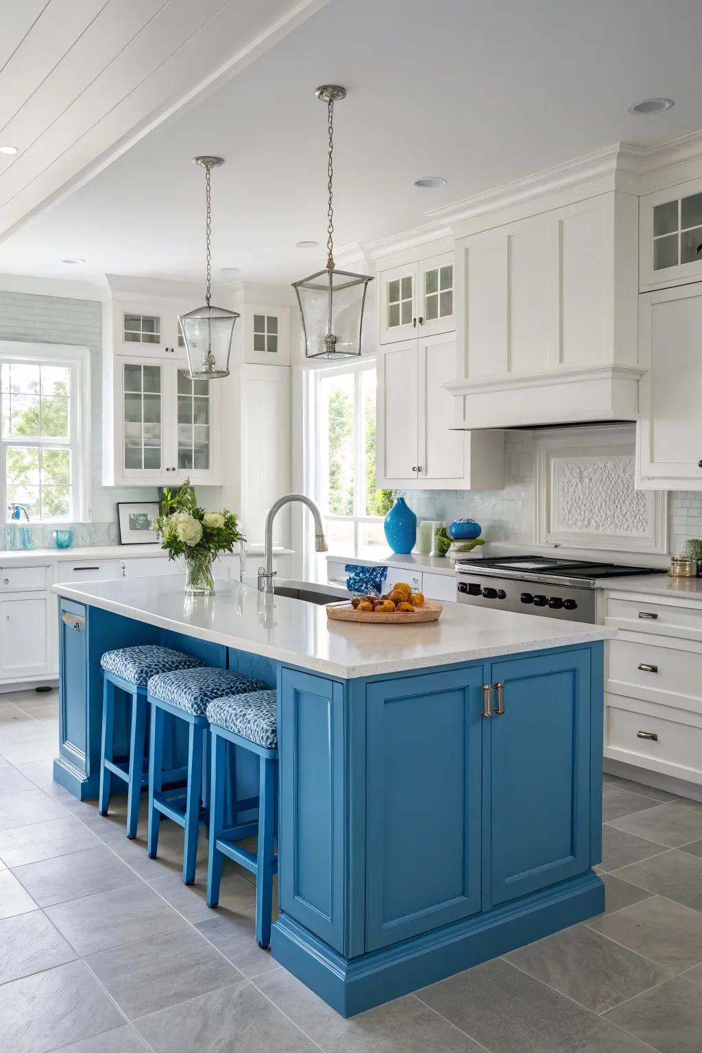A colorful island adds a playful touch to white kitchen cabinetry.