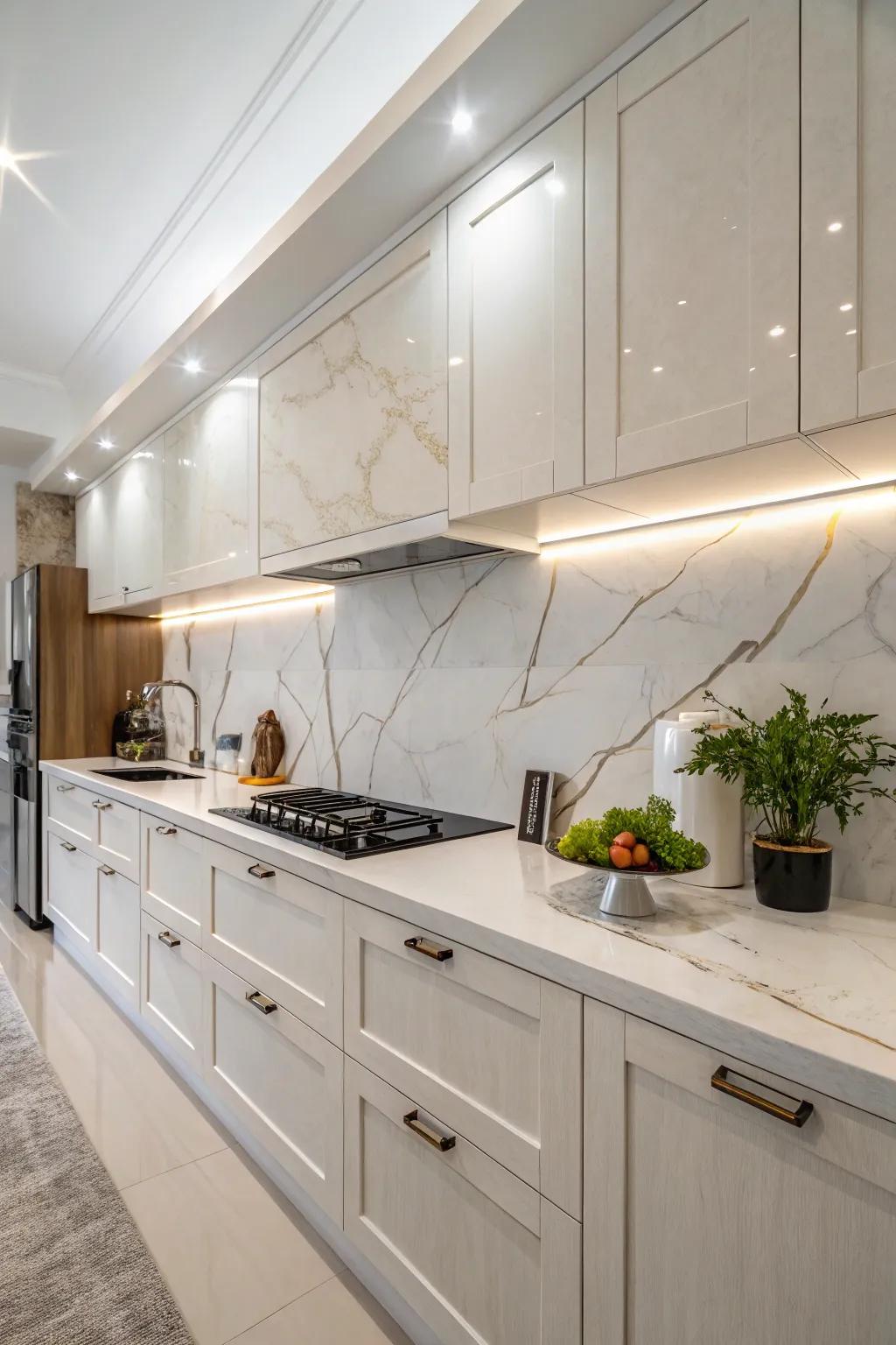 Quartz backsplash featuring refined veining for a dash of sophistication.