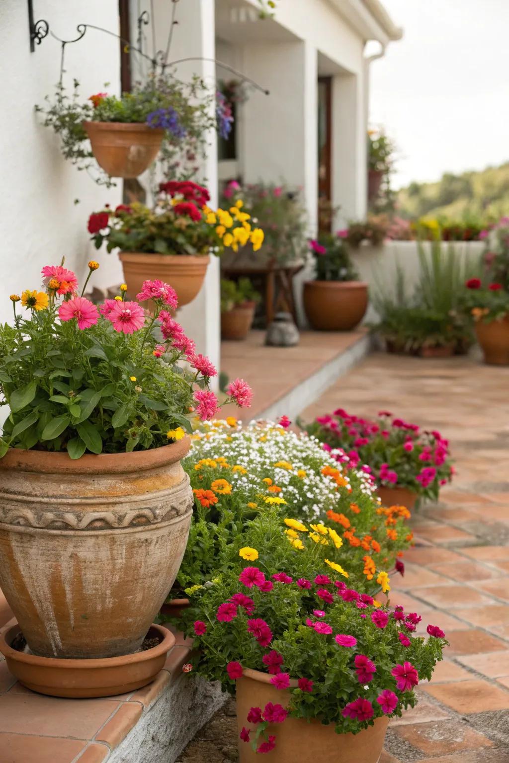 A colorful assortment of wildflowers displayed in ornamental vessels.