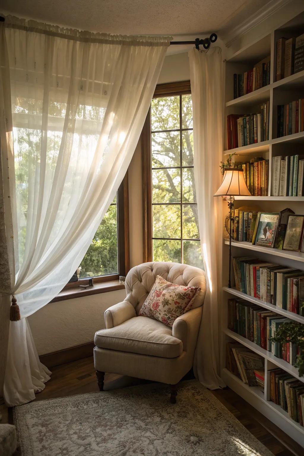 Translucent curtains foster an airy and captivating setting.