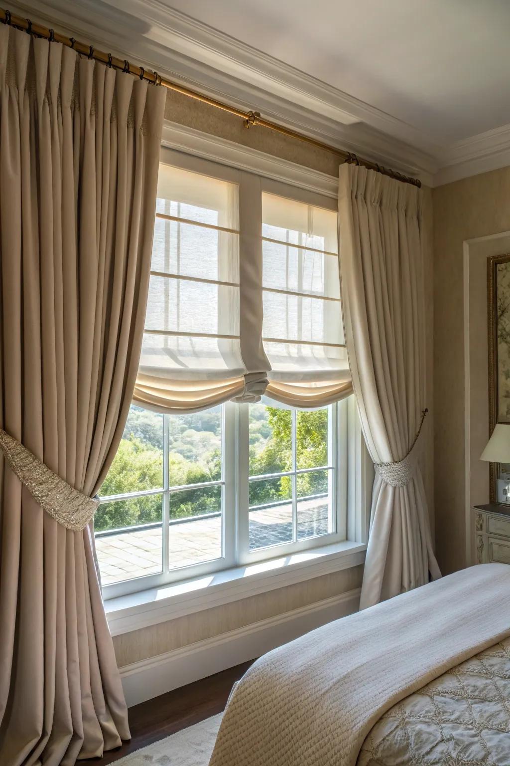 Roman toggles introduce a dimension of tailored grace to this bedroom window.