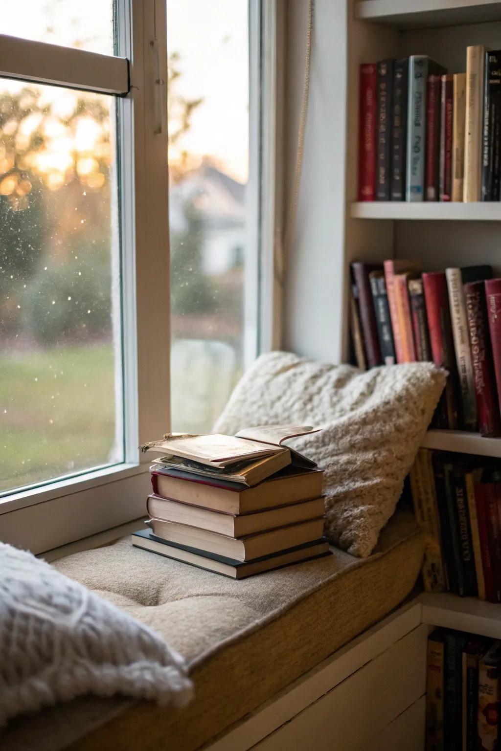 A window seat morphed into a reading corner, with books and a welcoming vibe.