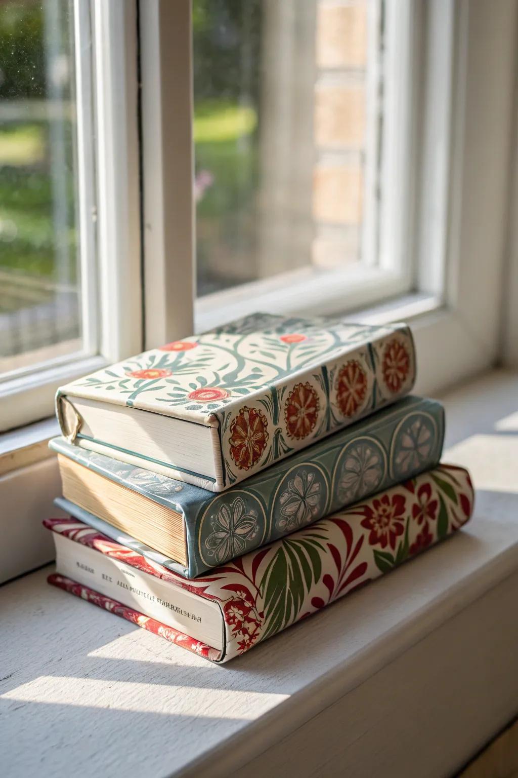 Ornamental books arranged on a window sill, adding a personal touch.