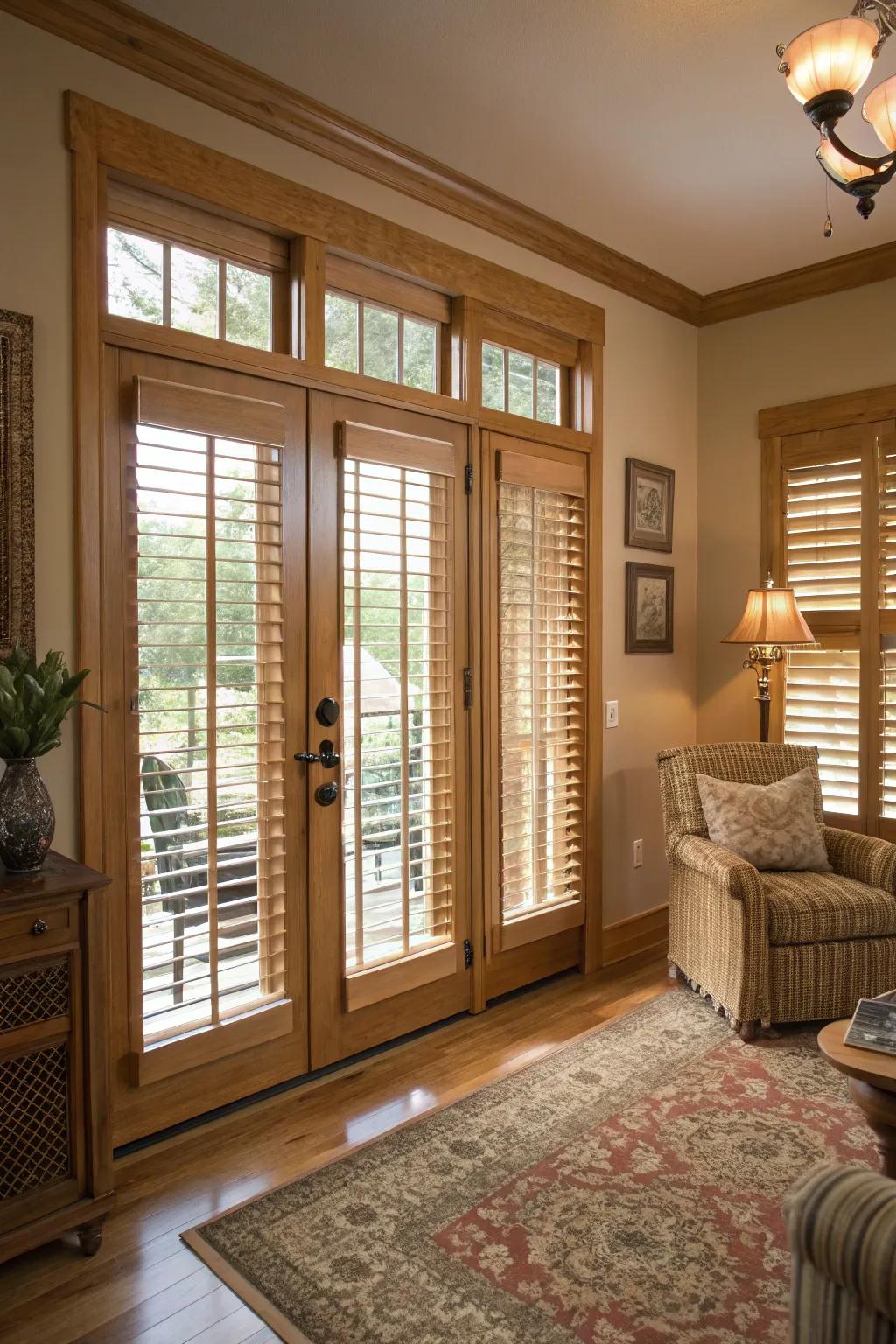 Timber blinds convey ageless sophistication to French doors.