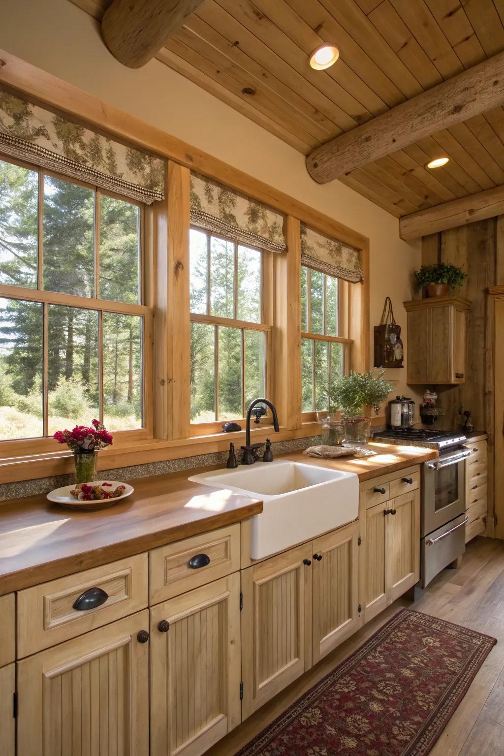 Beige window trim complements a rustic kitchen environment.