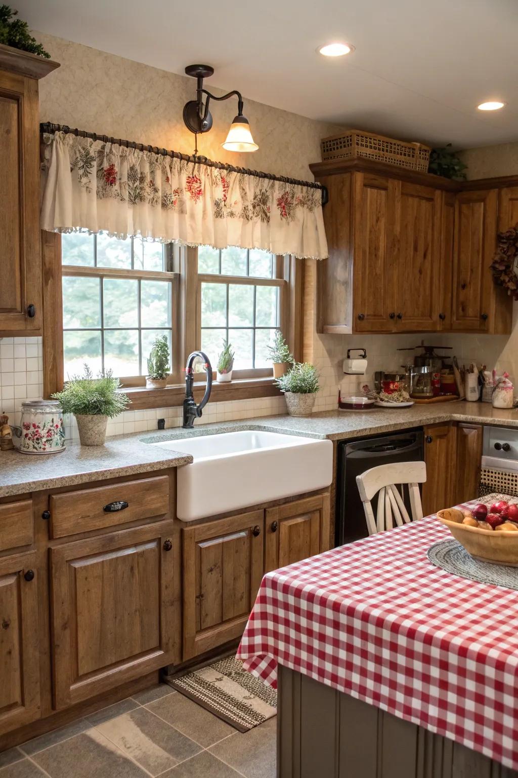 Fasten-up valances infuse charm into your cooking space.
