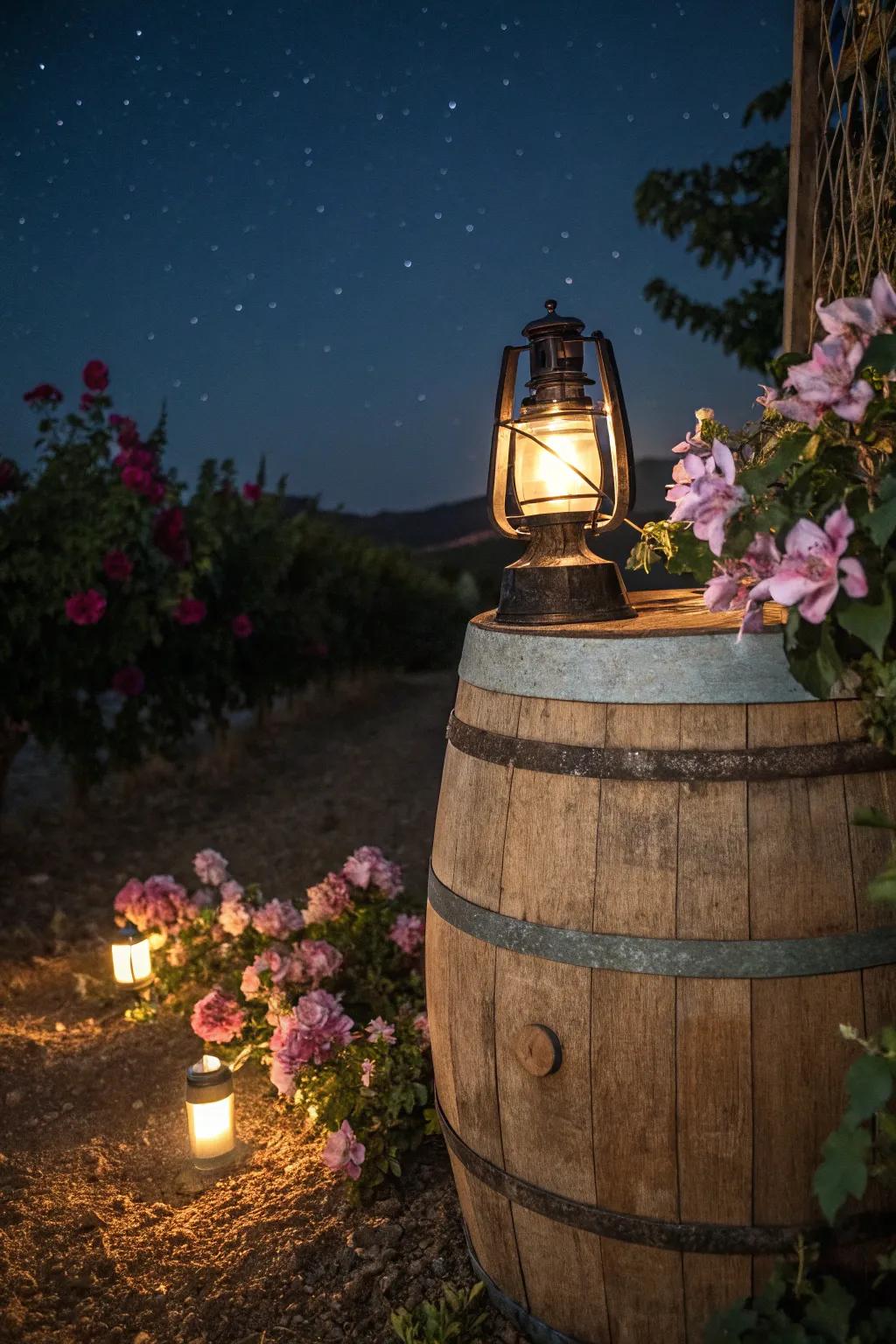 A wine barrel and lantern generating a magical garden atmosphere.