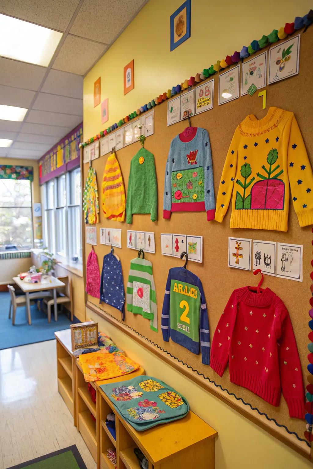 Children’s sweater designs lend a cozy touch to the bulletin board.