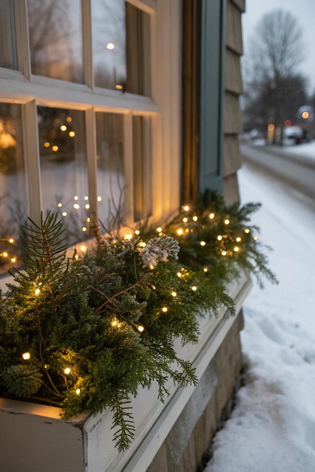 Delicate lights intertwined with greenery fashion a bewitching winter window box.