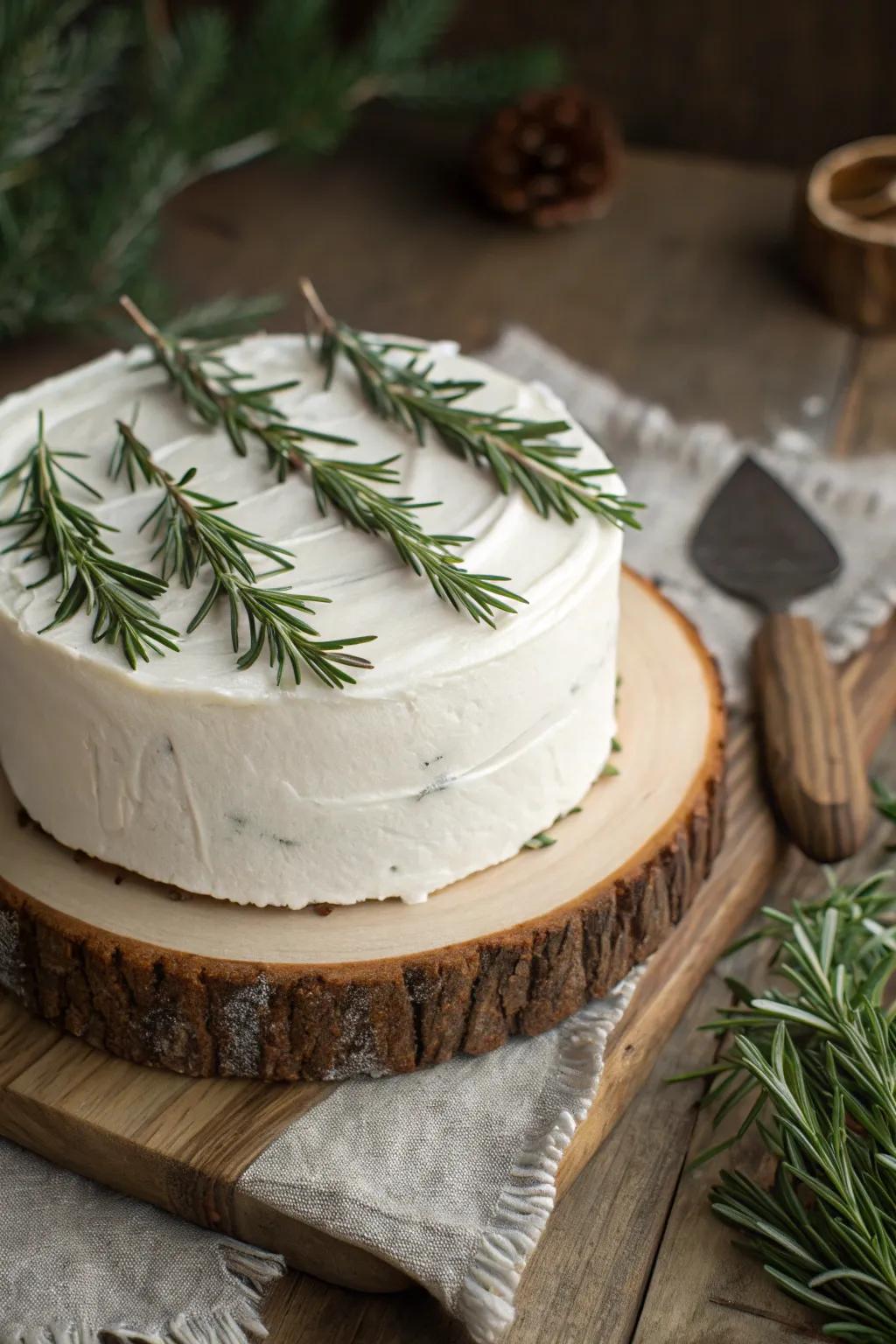 Glazed evergreen trees crafted from rosemary sprigs, adorning a winter cake.