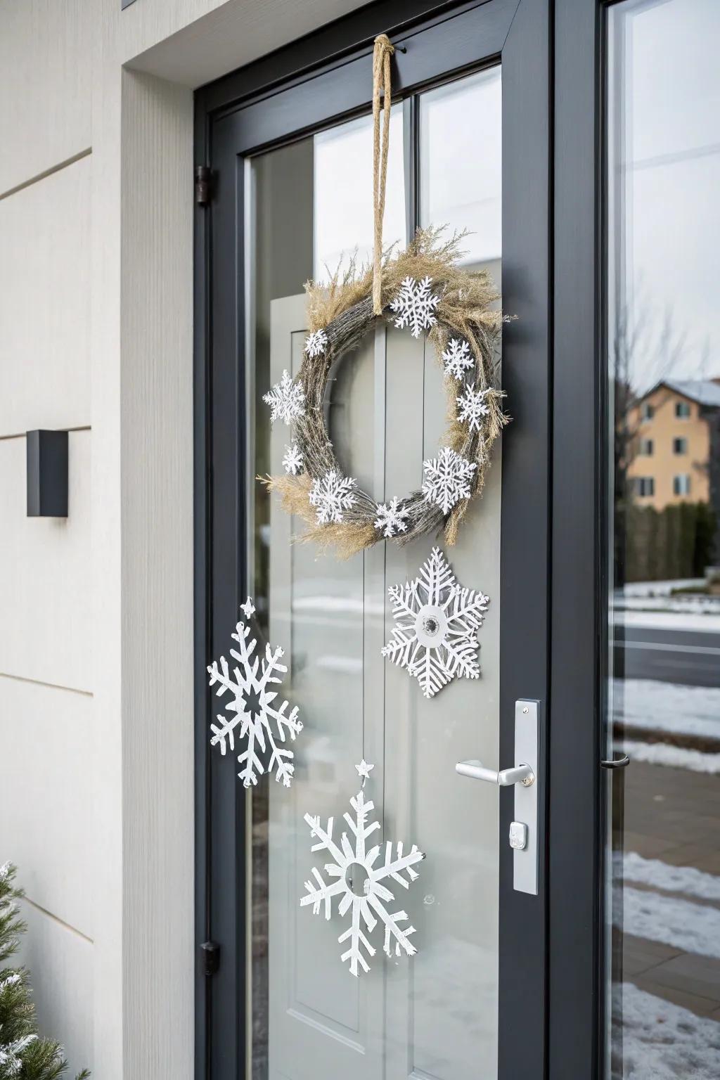 An understated snowflake wreath introduces a chic accent to winter embellishments.