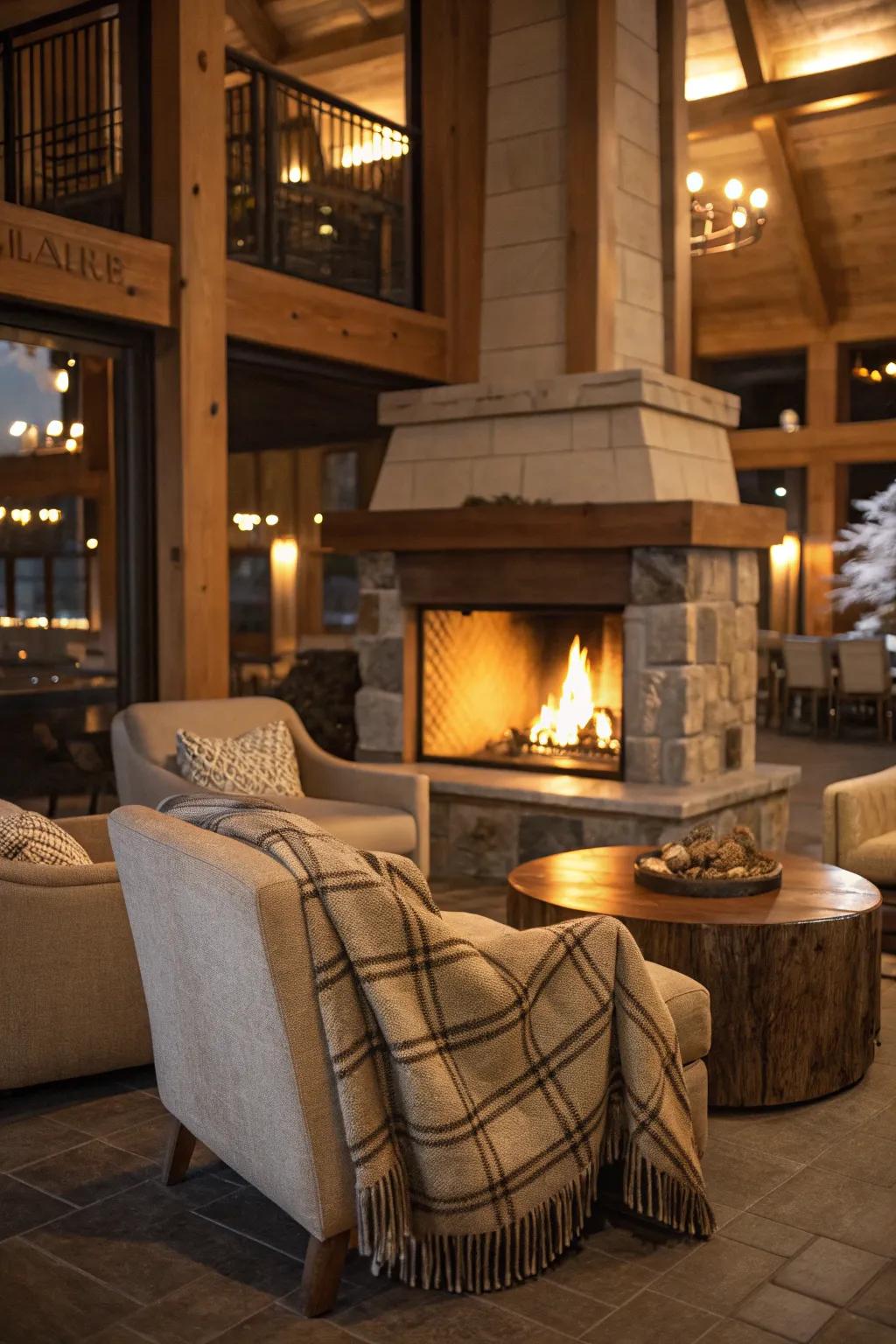 An intimate seating spot designed for fireside relaxation.
