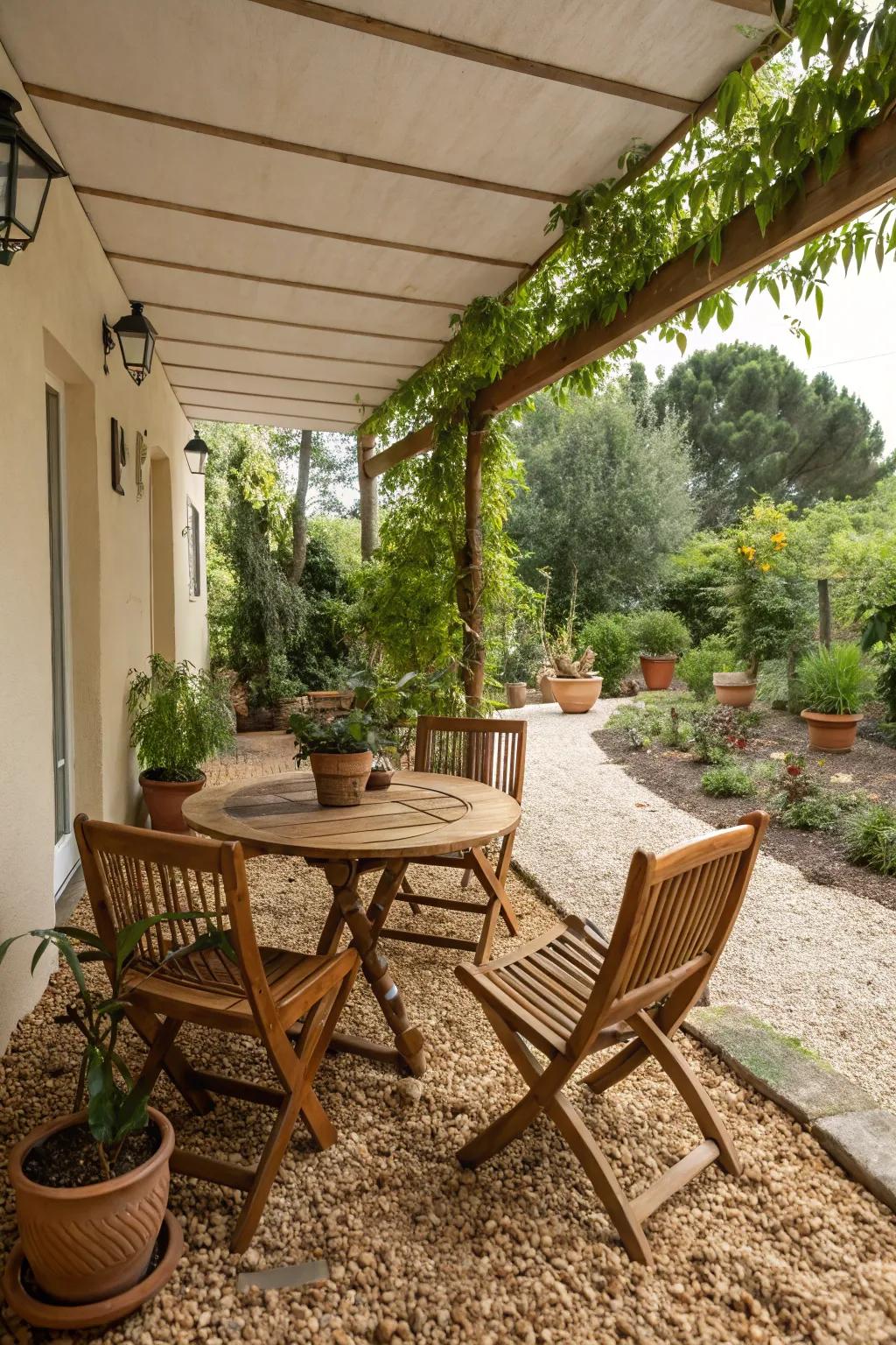 Timber shavings fashion a pleasant and welcoming patio setting.