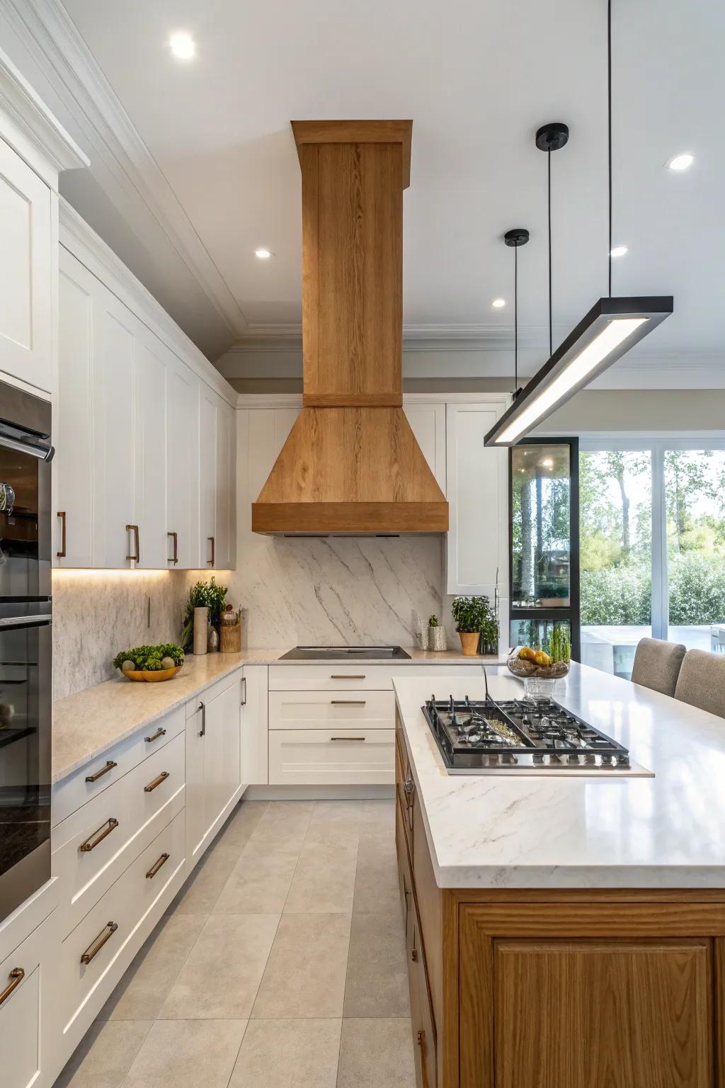 A minimalist timber ventilation hood provides streamlined, contemporary sophistication.