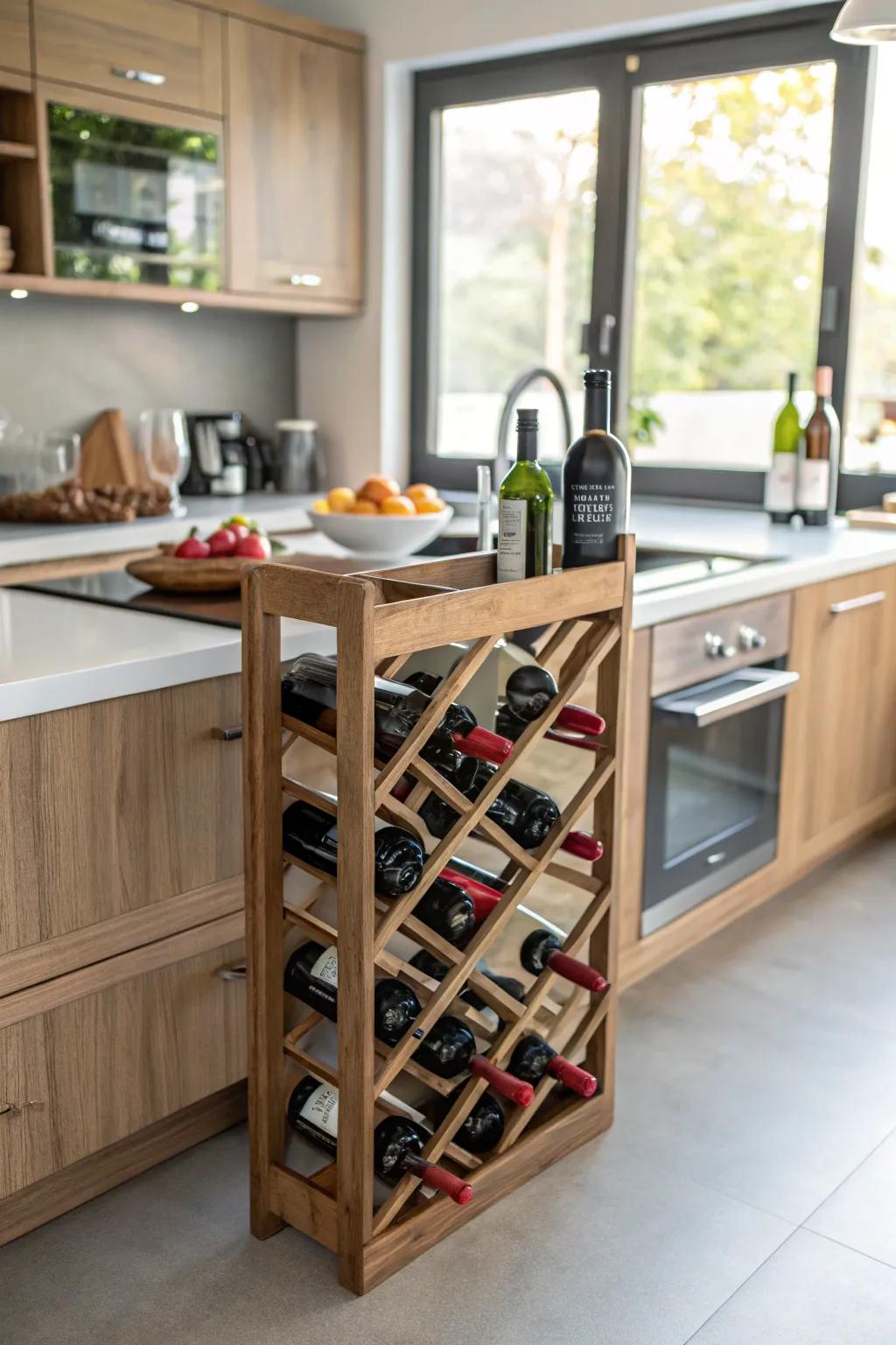 A wooden wine display that melds elegance with practicality.