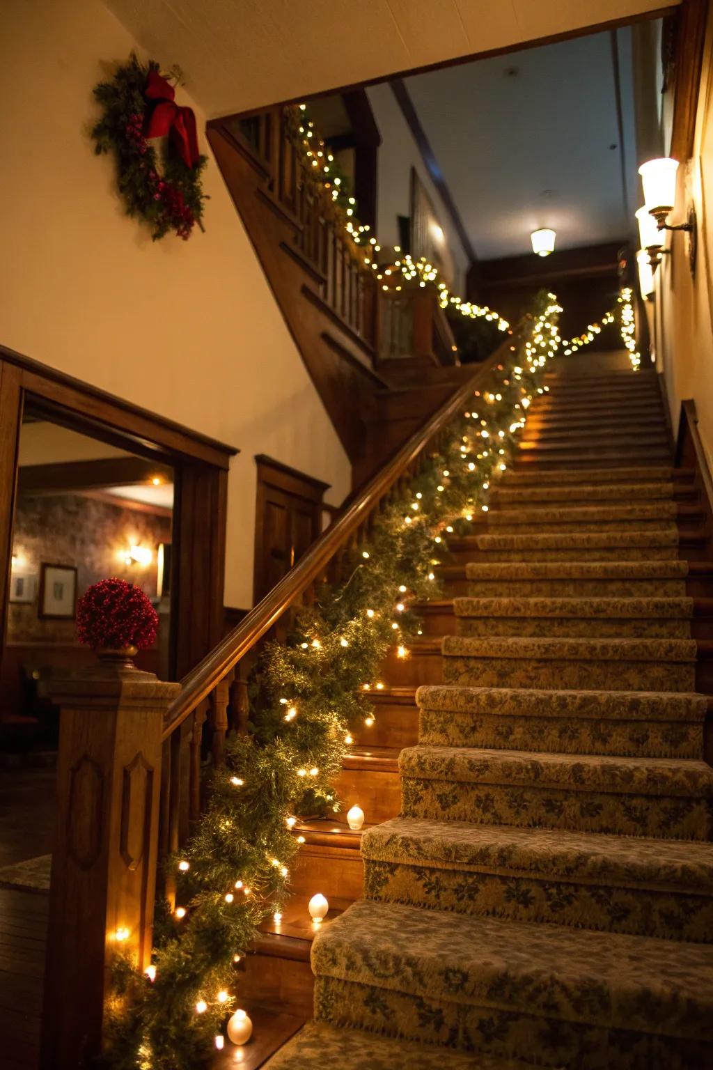 An elegantly embellished staircase showcasing festive drapes and lights.