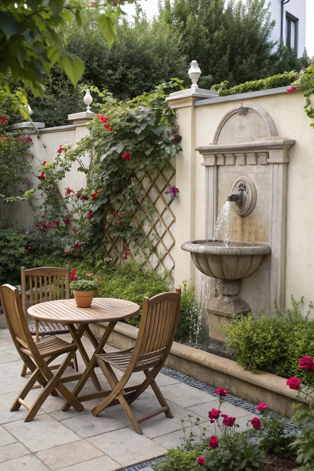 An area-saving attached cascade crafting a tranquil corner within the garden.
