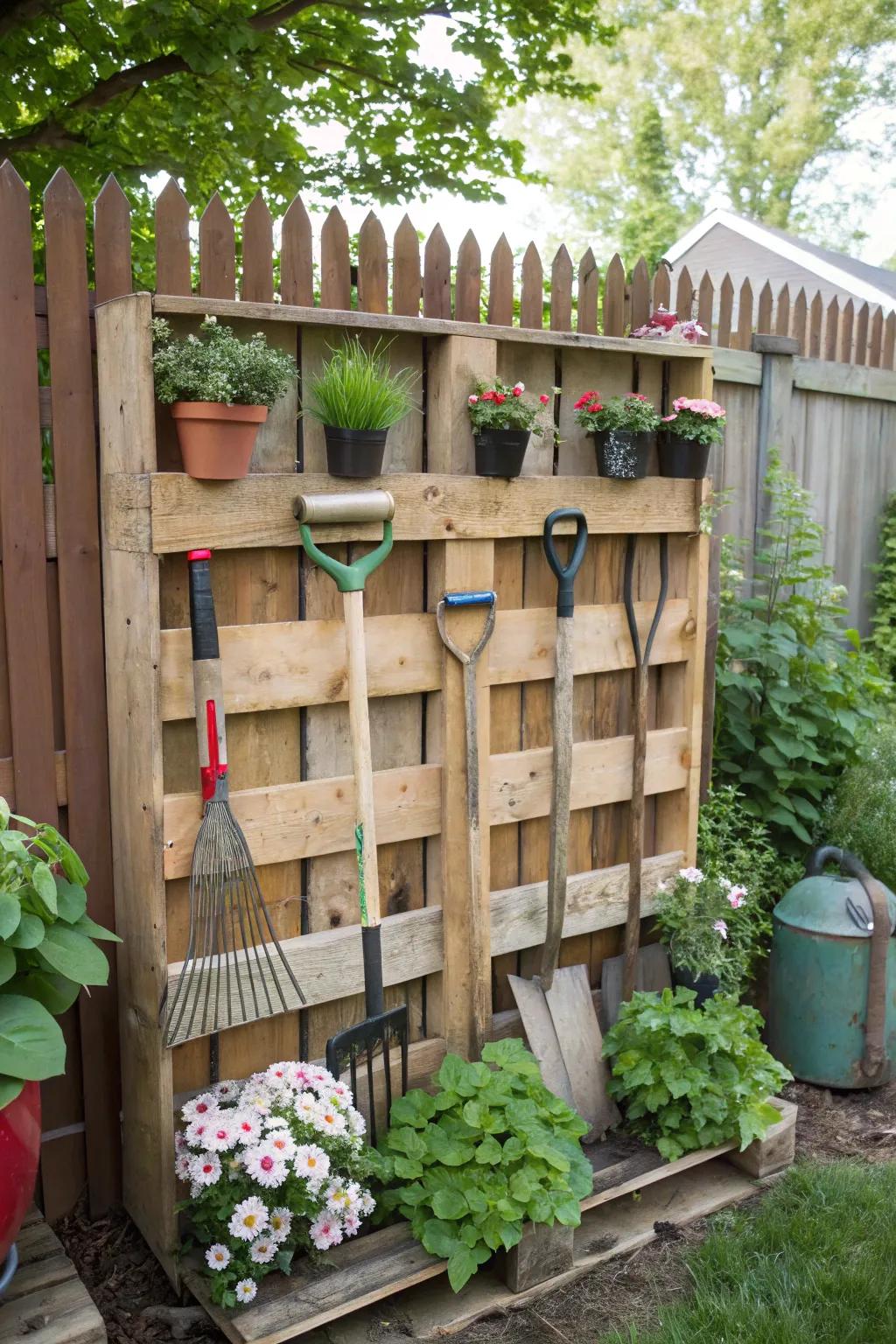 Rustic elegance with repurposed pallet tool storage.