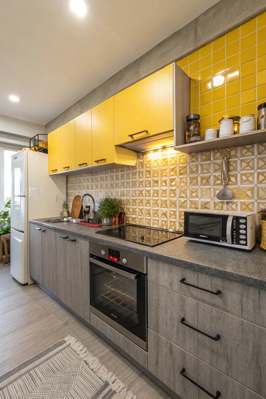 Slate counters complement the sunny goldish backsplash perfectly.