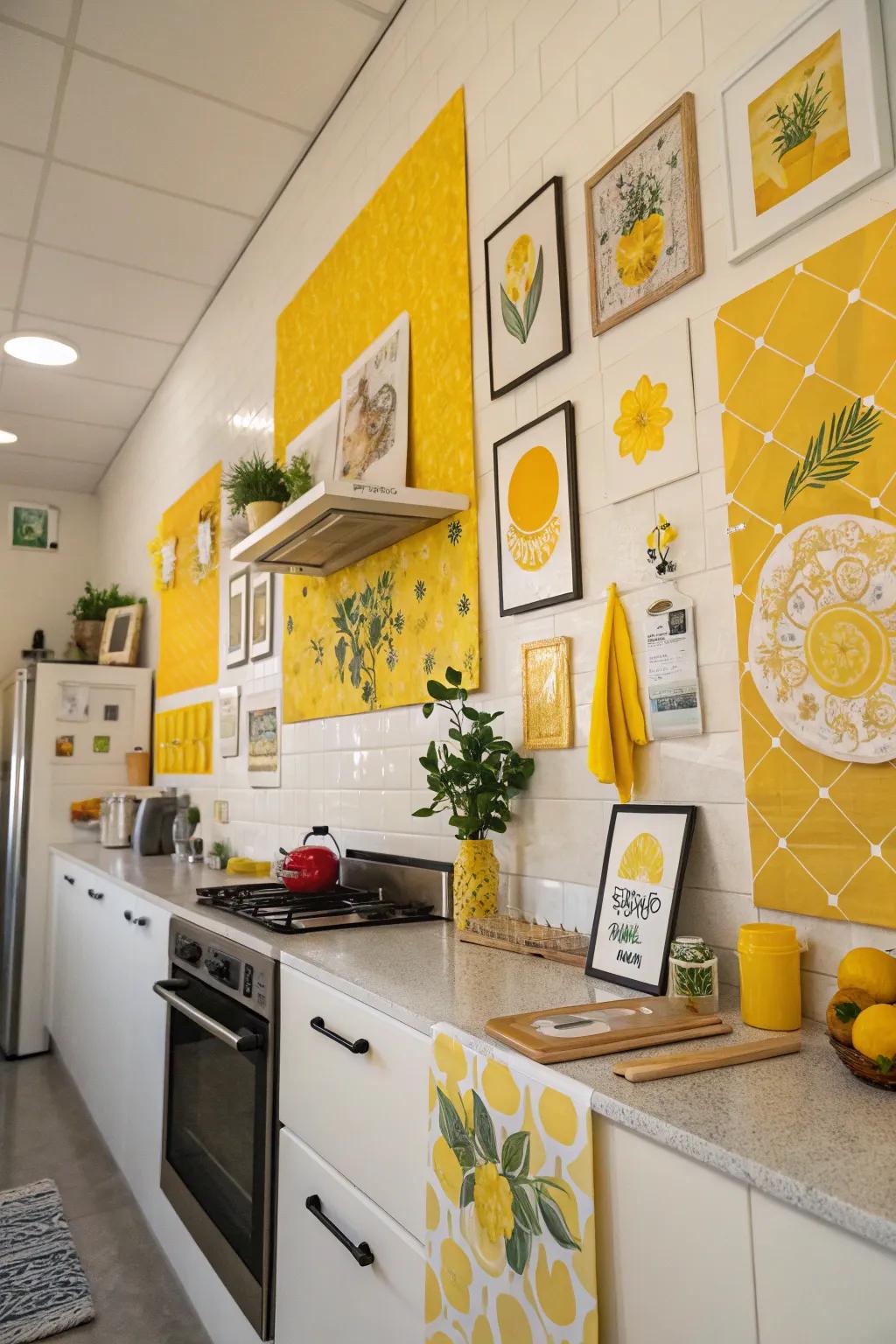 Yellow wall art lends character and vibrancy to the kitchen's aesthetic.