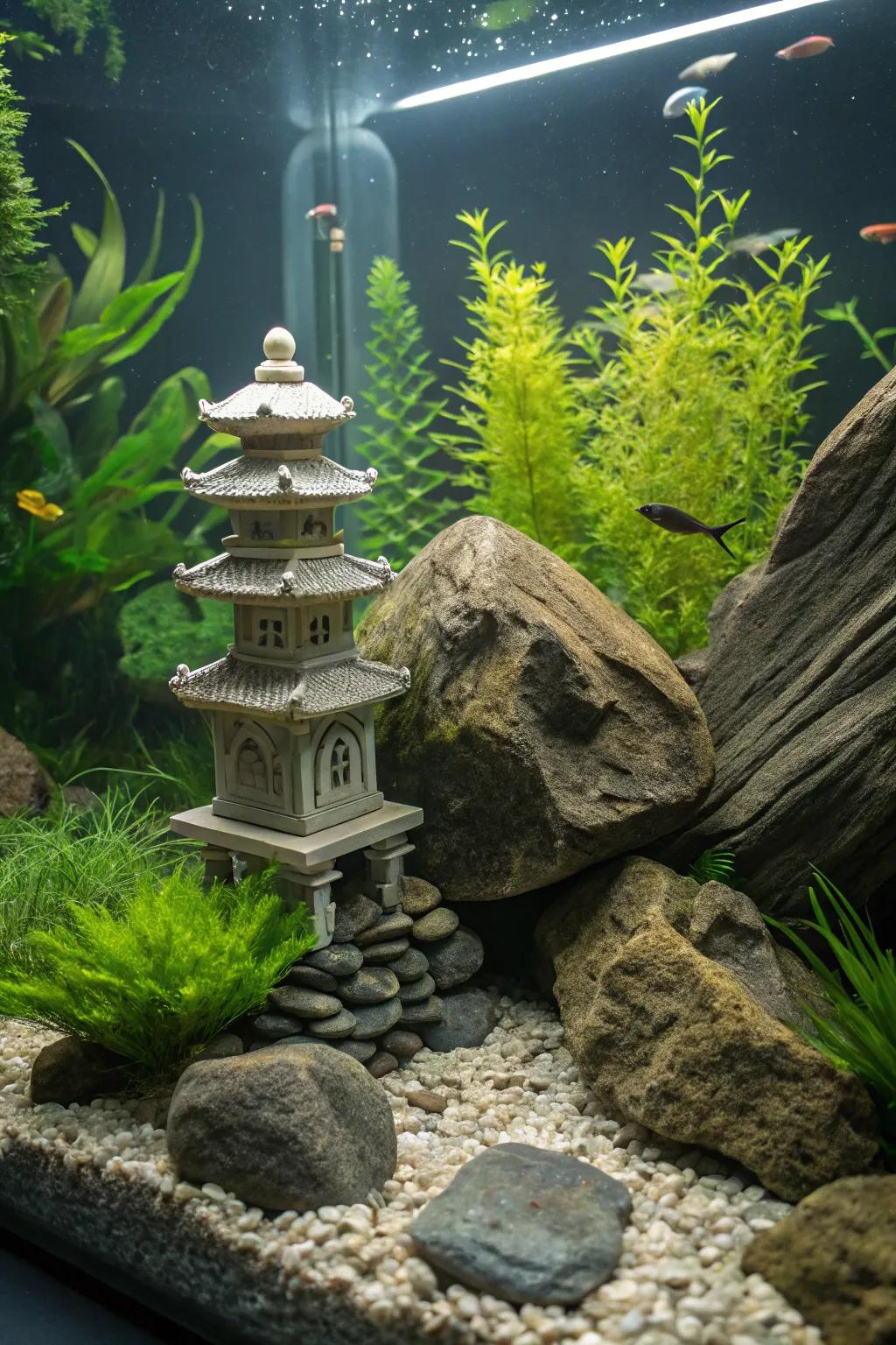 A pagoda figure imparts an Eastern magnetism to this peaceful tank.