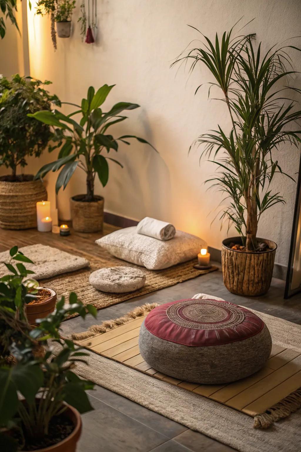 A cozy meditation corner featuring cushions and verdant plants.