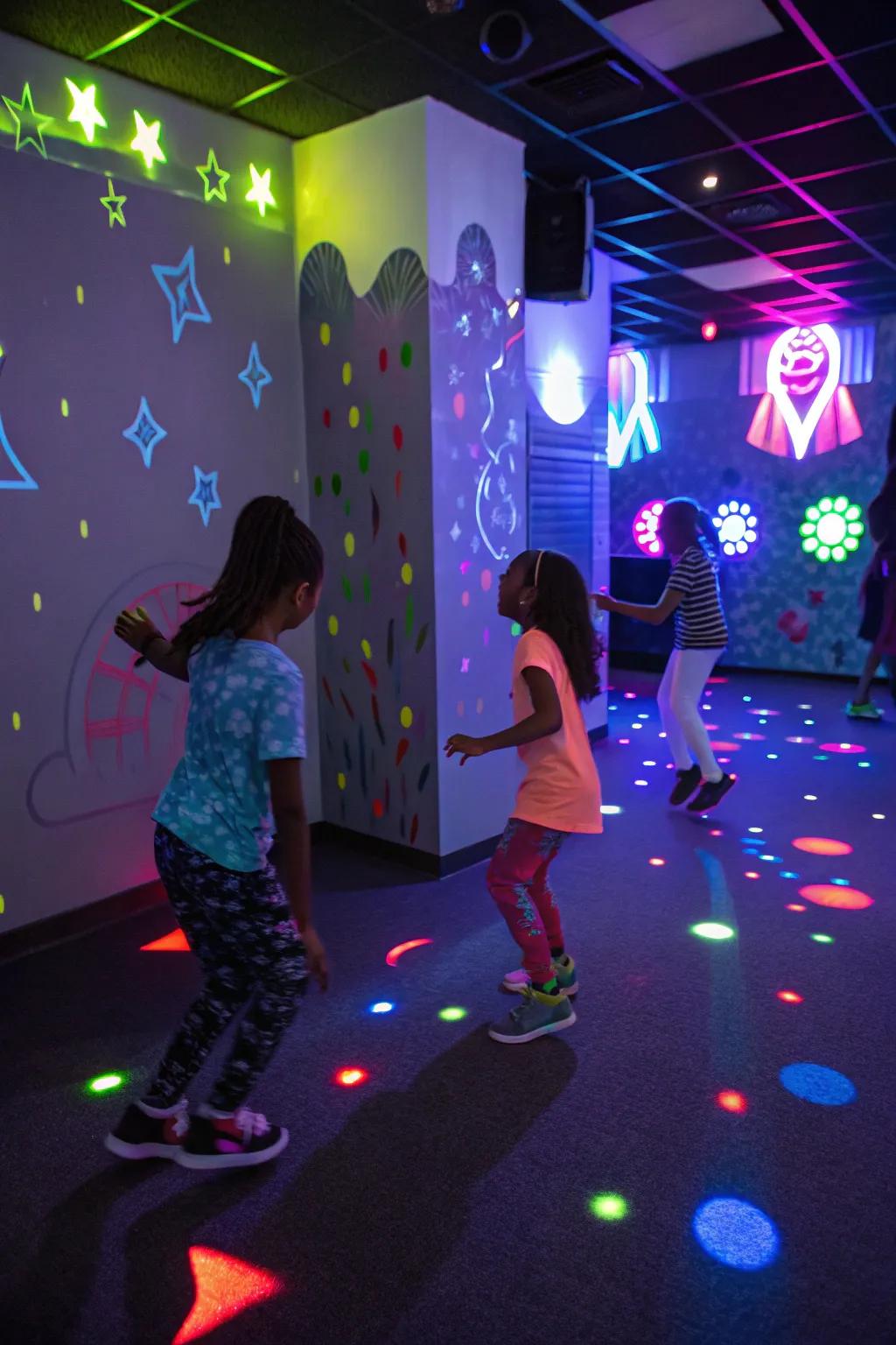 A spirited radiant glo disco with neon illumination and joyous vibes.