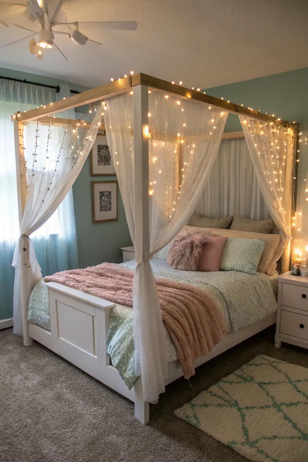 An inviting canopy ornamented with LED lights, evoking a sensation of a personal refuge.