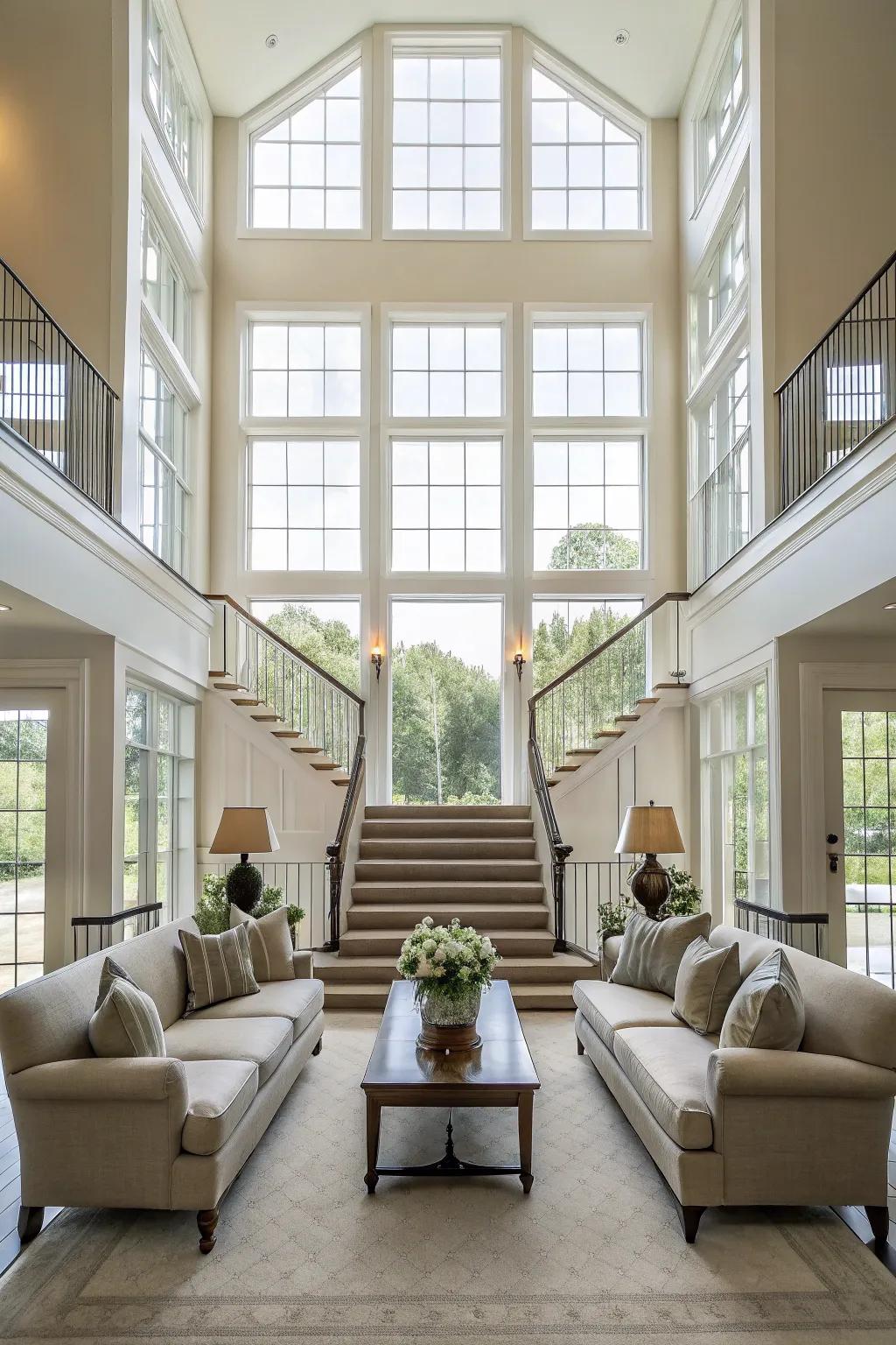 Symmetrical design components establish equilibrium in a generous great room.