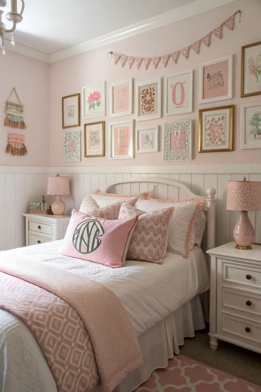 Personalized details like monogrammed initials impart uniqueness to the room.