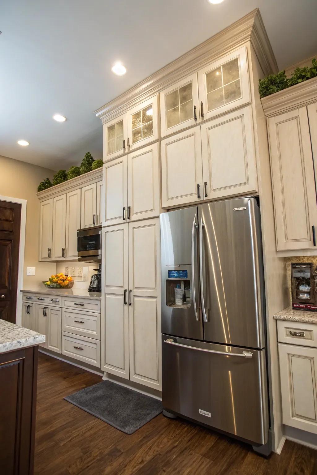 Varying cabinet heights enhance texture and depth in kitchen design.