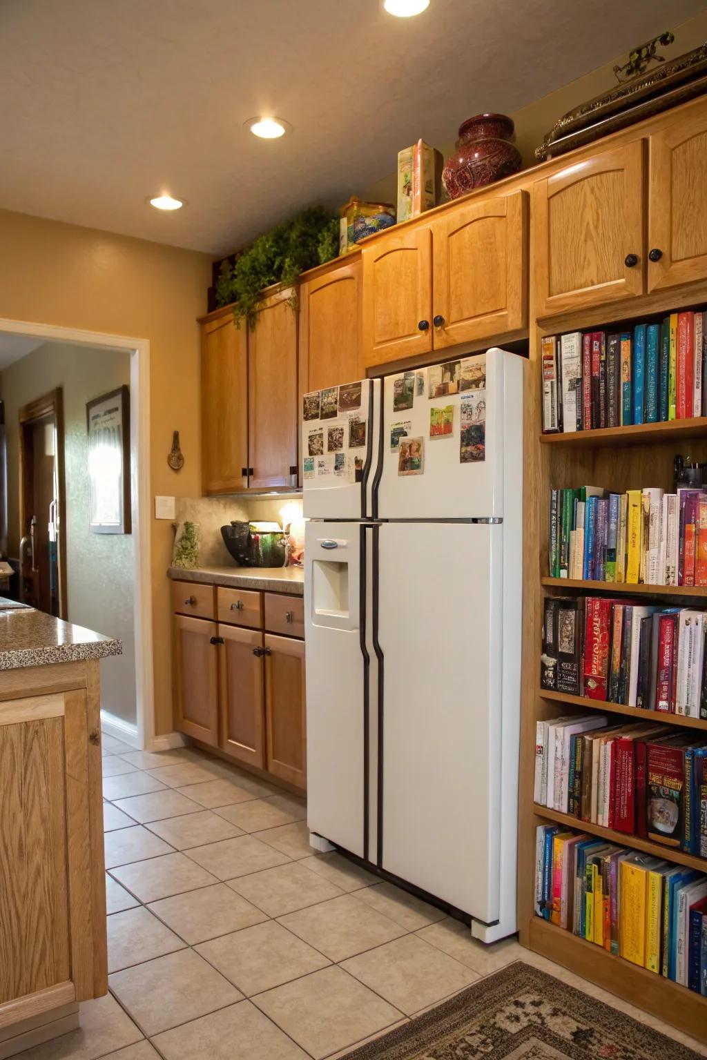 Keep your cookbooks above the fridge for convenient access.