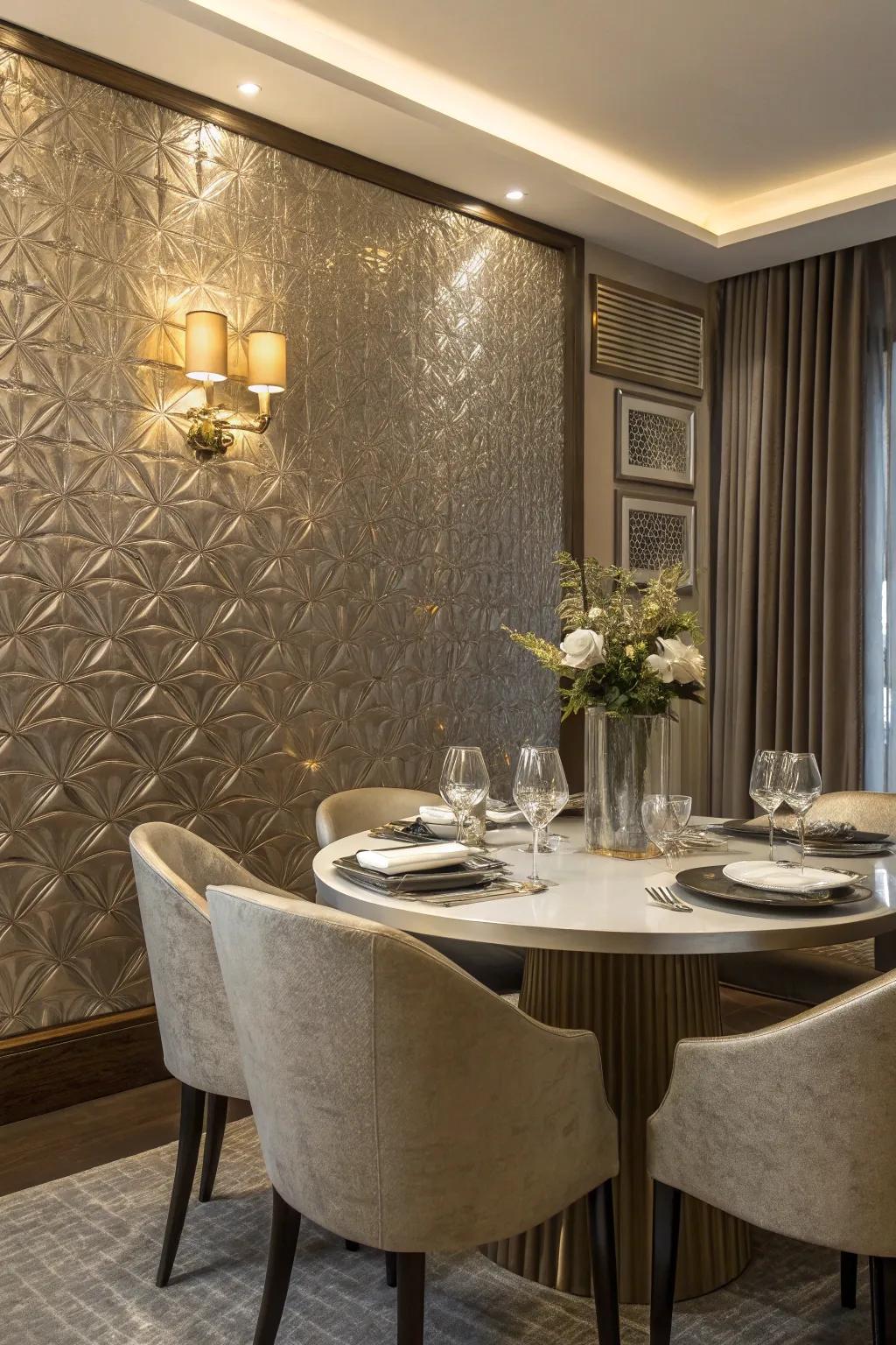 Textured wall coverings enhance the dining area with a sense of extravagance.