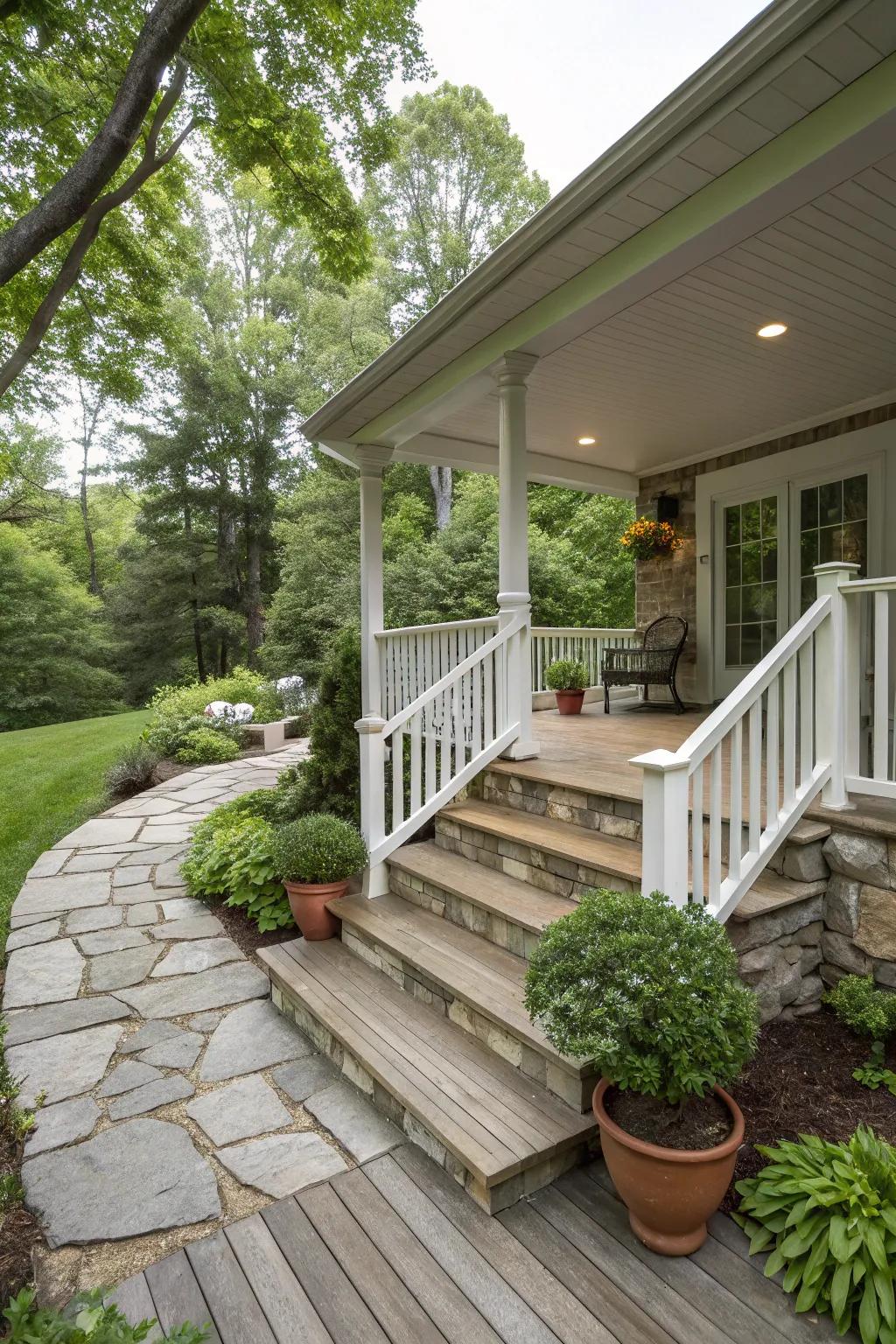 A countryside-inspired porch showcasing natural elements for a harmonious look.
